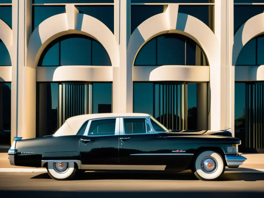 Un icónico Cadillac vintage estacionado frente a un edificio art decó, reflejando el legado de lujo automotriz Cadillac