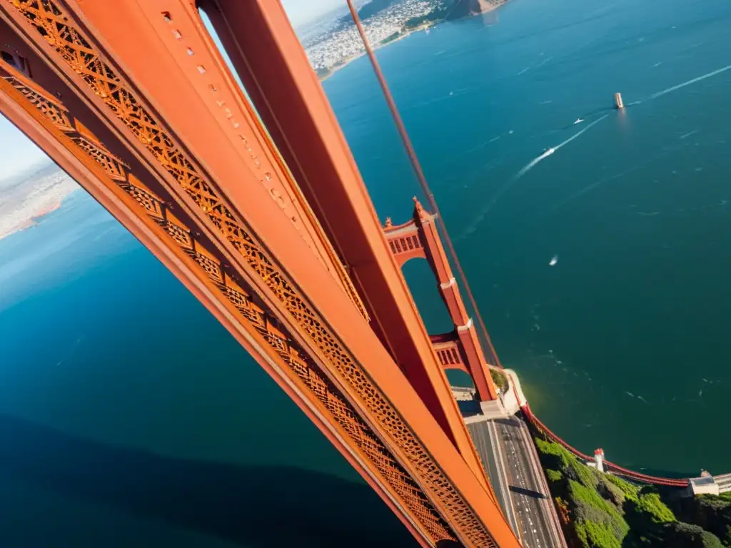 Icono de ingeniería: Puente Golden Gate, majestuoso en color rojo anaranjado, con la ciudad y la bahía de fondo