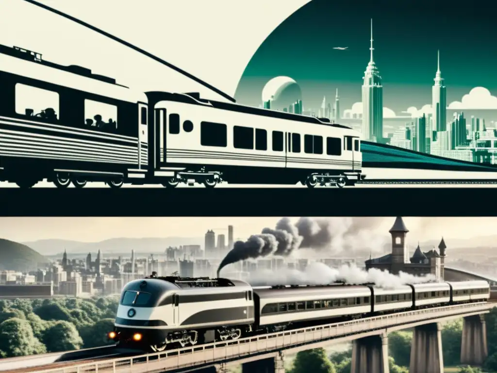 De trenes a naves: Evolución del transporte en el cine Juxtaposición de iconos transporte cine clásico moderno: tren vintage y nave futurista en escenas contrastantes de película