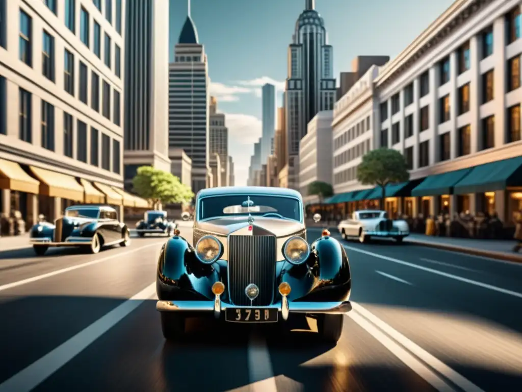 Escena de película clásica en blanco y negro: coche vintage en la ciudad Iconos transporte cine clásico moderno: Imagen en 8k de una escena de película en blanco y negro con un elegante auto clásico y edificios art déco