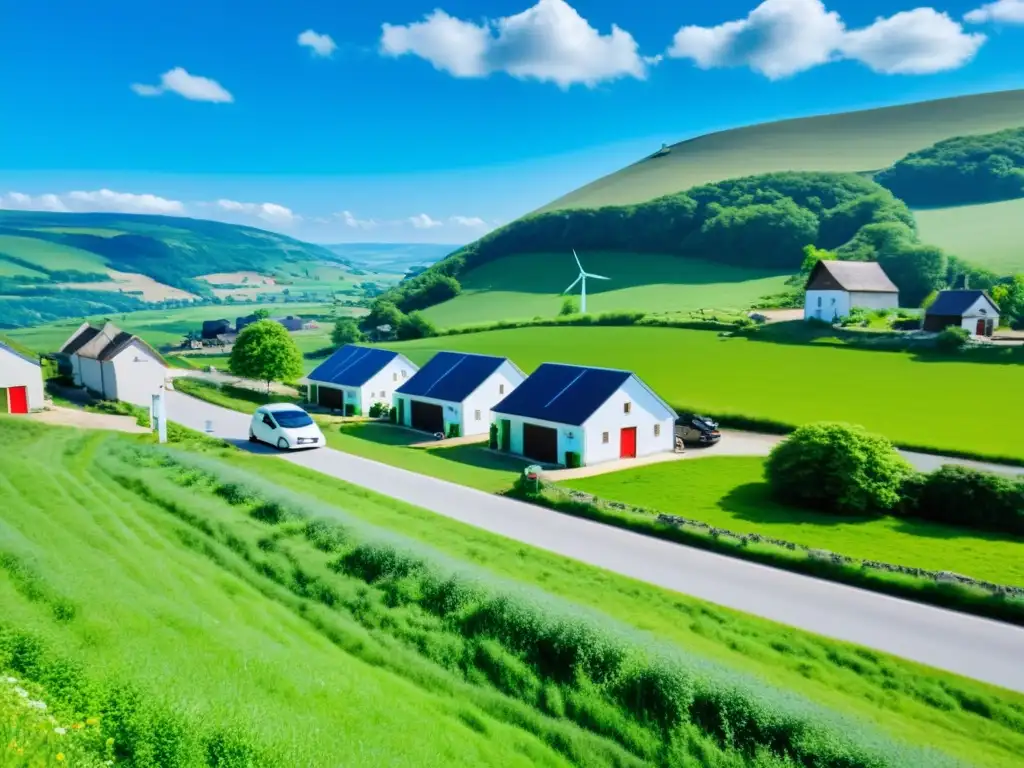 Un idílico pueblo rural entre colinas verdes, con vehículos eléctricos y energía limpia