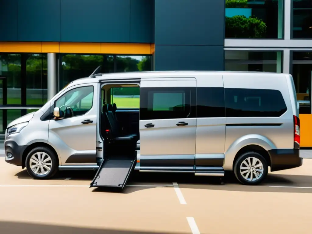 Una imagen de un furgón accesible para silla de ruedas con plataforma elevadora extendida, frente a un telón urbano moderno, demostrando servicios de transporte accesibles para discapacitados