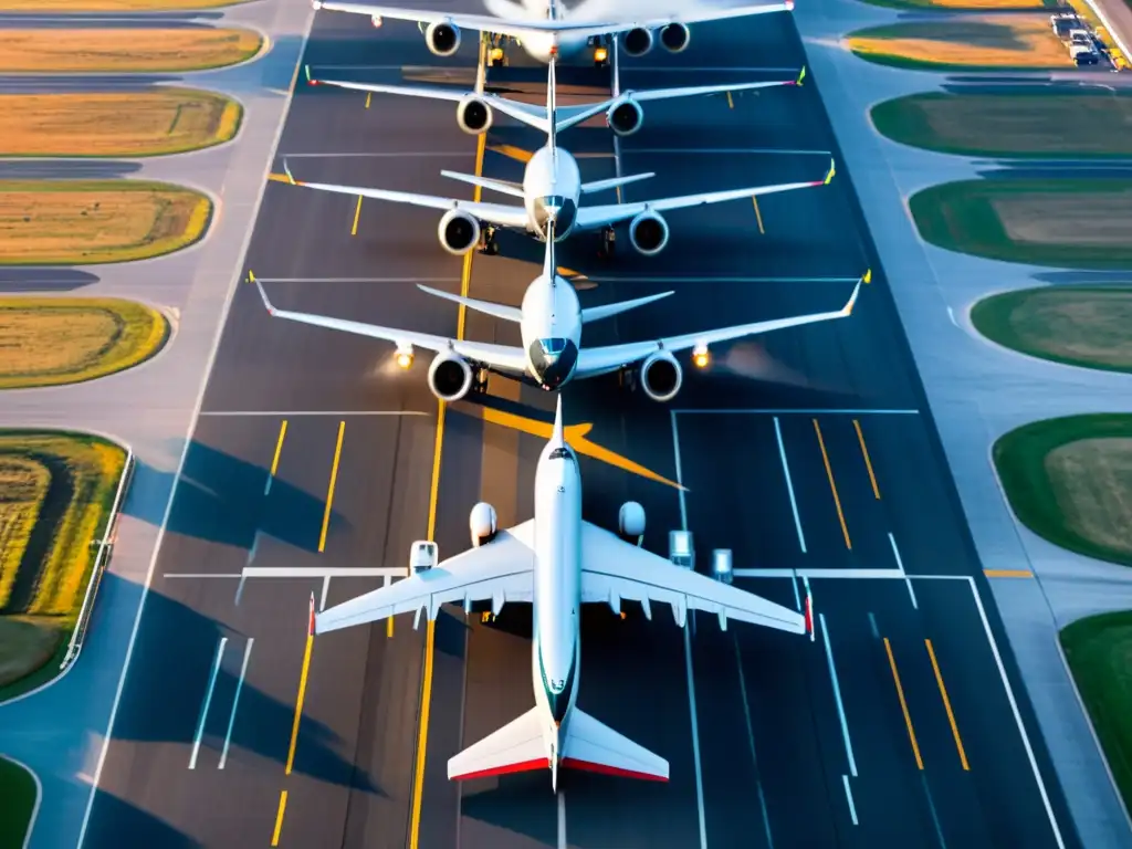 Imagen aérea del aeropuerto al atardecer, con aviones en pista y personal de tierra