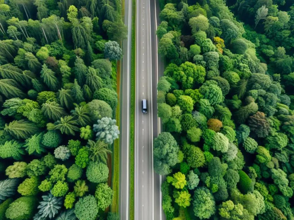 Imagen aérea de una autopista atravesando un frondoso bosque, con vehículos generando humo