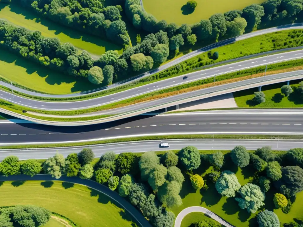 Imagen aérea de evolución de carreteras hacia diseño sostenible de infraestructura vial, integrando espacios verdes y eficiencia en gestión de tráfico