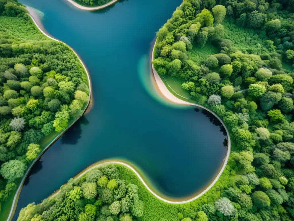 Imagen aérea del impacto ambiental antes de la construcción de canales de navegación en un hermoso río rodeado de exuberante vegetación