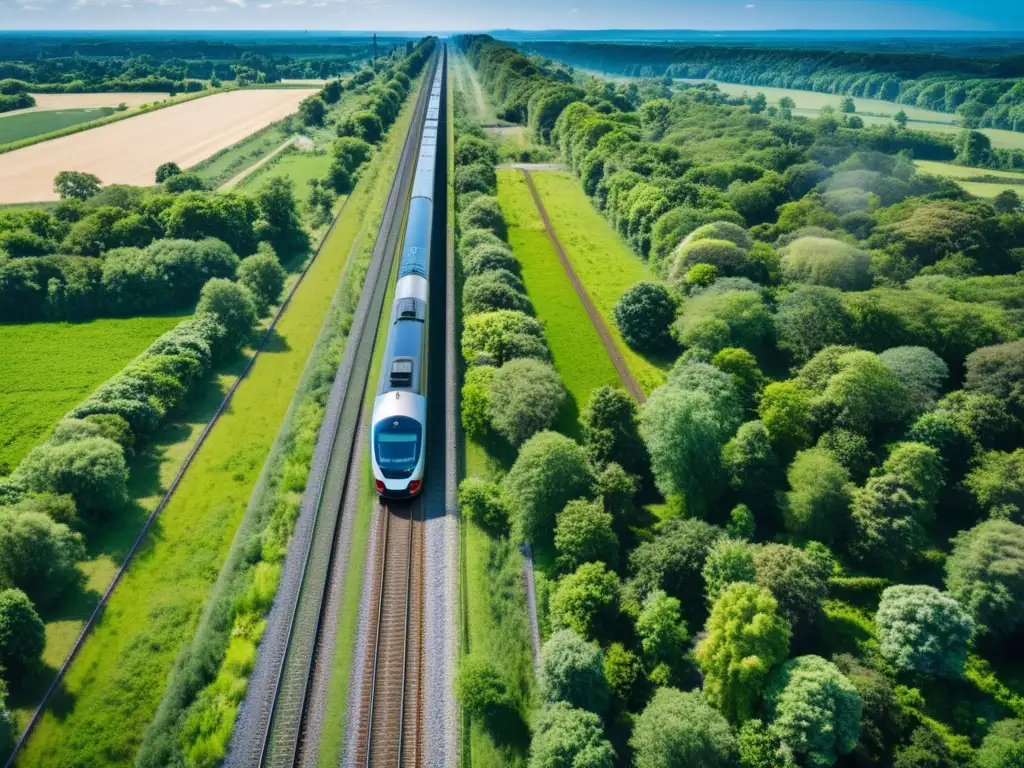 Imagen aérea de un moderno tren recorriendo un exuberante paisaje verde, resaltando la armonía entre el ferrocarril y el entorno natural