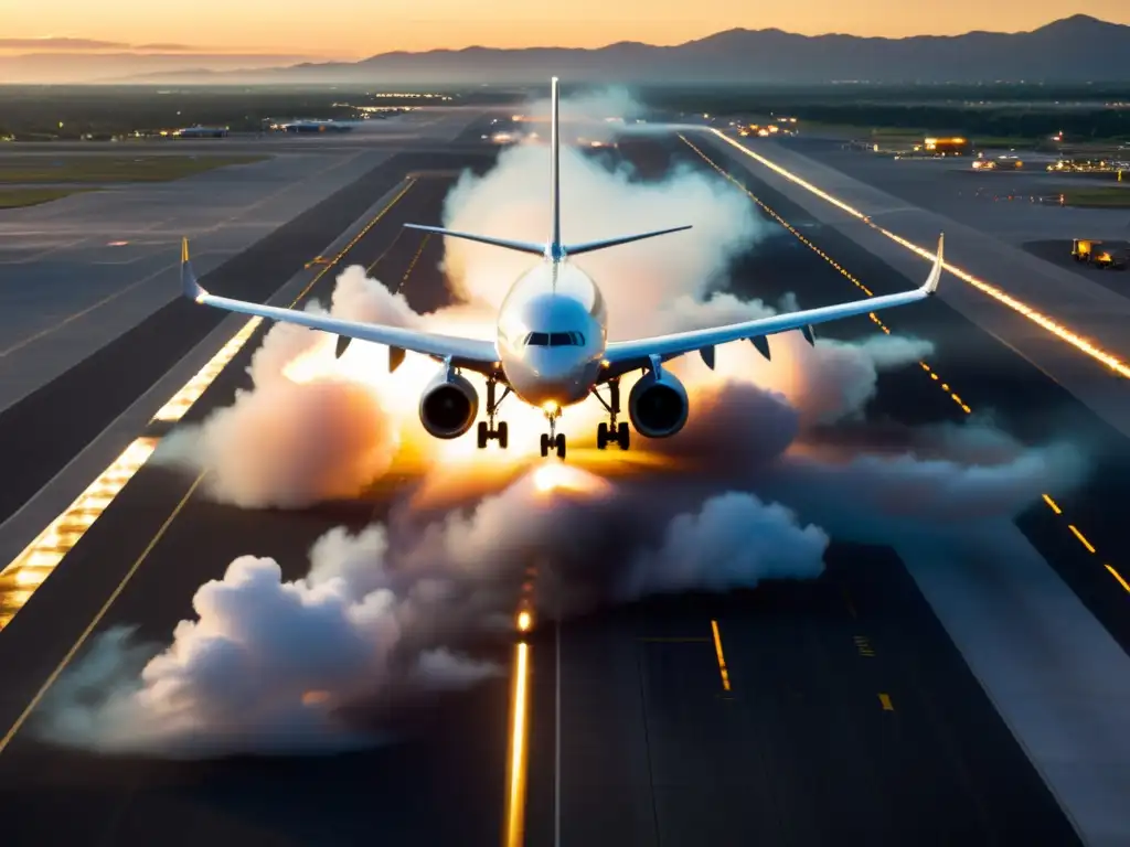 Imagen aérea de una pista de aterrizaje moderna durante la hora dorada, con un avión comercial aterrizando y luces LED