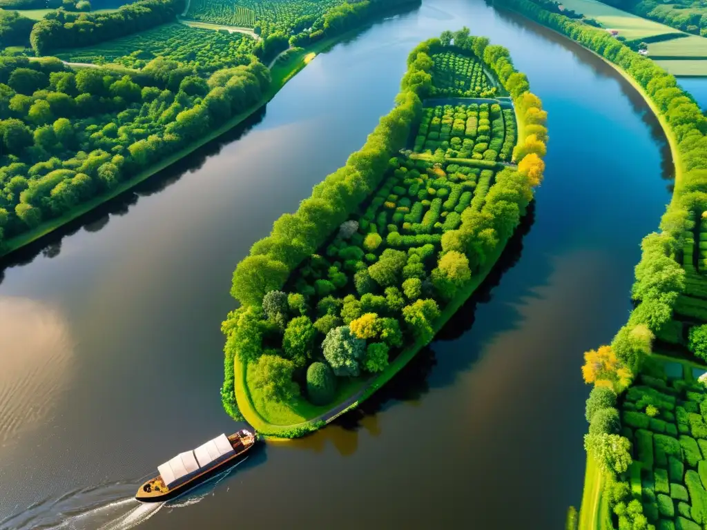 Imagen aérea de un río serpenteante rodeado de exuberante vegetación, con una barcaza transportando mercancías