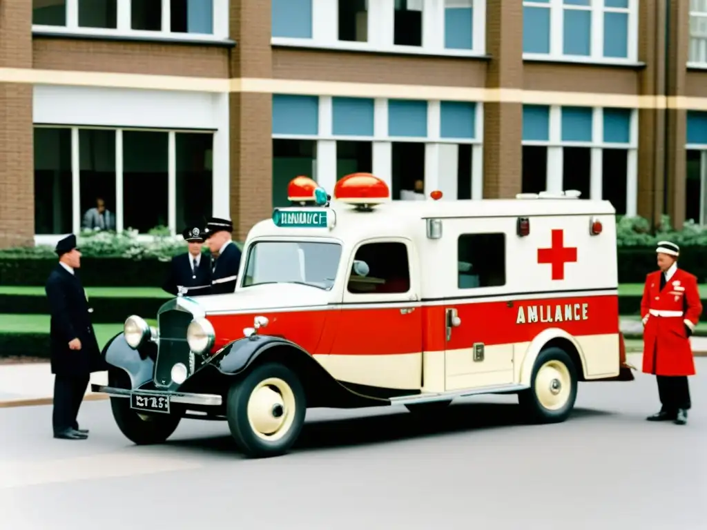 Imagen de una ambulancia vintage del siglo XX, con médicos y paramédicos atendiendo a un paciente en camilla en un hospital