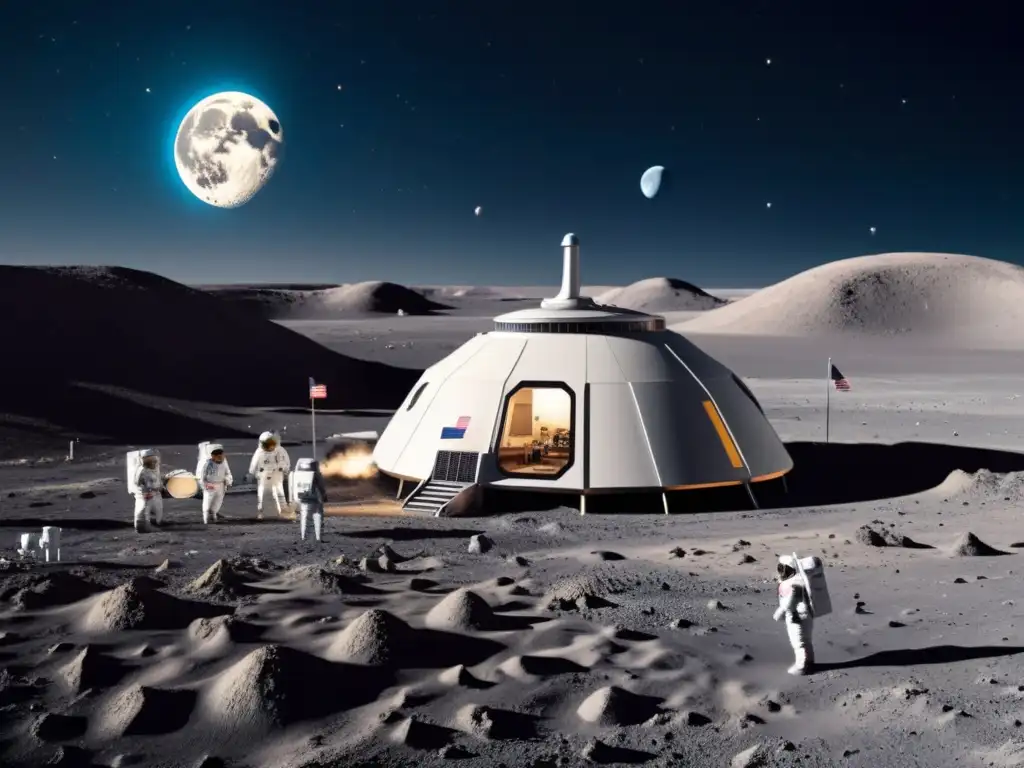 La imagen muestra una base lunar futurista con actividad intensa, reflejando el plan de la NASA para regresar a la Luna