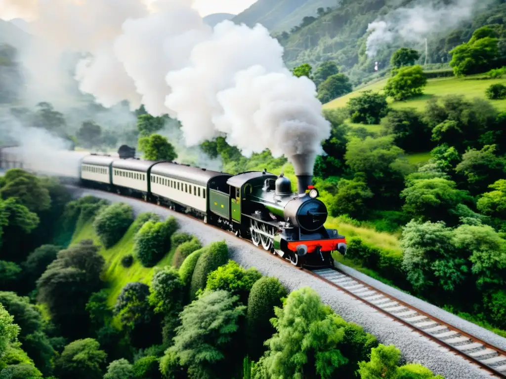 Imagen en blanco y negro de un antiguo tren a vapor avanzando por un paisaje montañoso, evocando la nostalgia de los viajes en tren