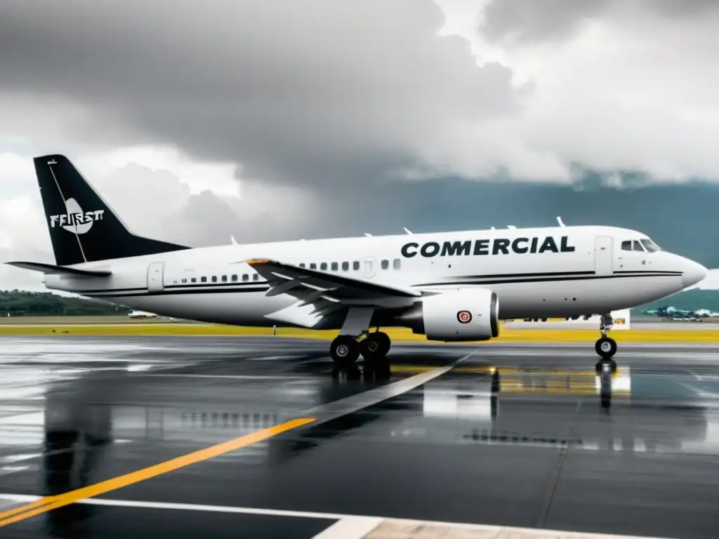 Imagen en blanco y negro de avión comercial pionero en América Latina, con logotipo de la aerolínea y bullicio en la pista