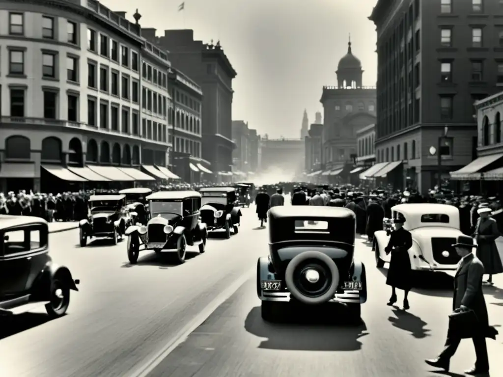 Imagen en blanco y negro de una bulliciosa calle de ciudad del siglo XX con coches vintage y personas vestidas de época