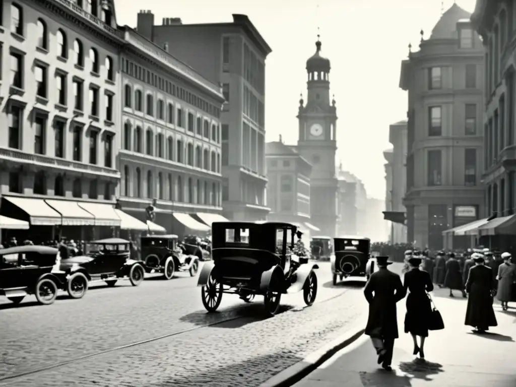Imagen en blanco y negro de una bulliciosa calle de la ciudad del siglo XX, con carruajes y automóviles antiguos