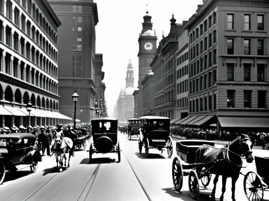 Imagen en blanco y negro de una bulliciosa calle de ciudad en los años 1900, con carruajes, bicicletas y peatones