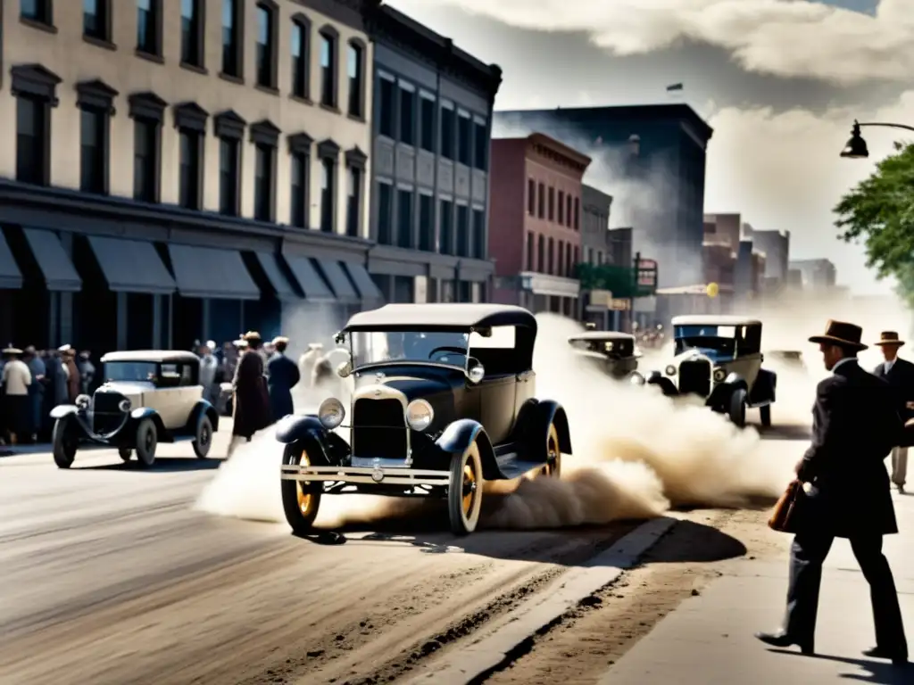 Imagen en blanco y negro de un Ford Modelo T conduciendo por una bulliciosa calle, evocando el impacto del Modelo T en la movilidad global