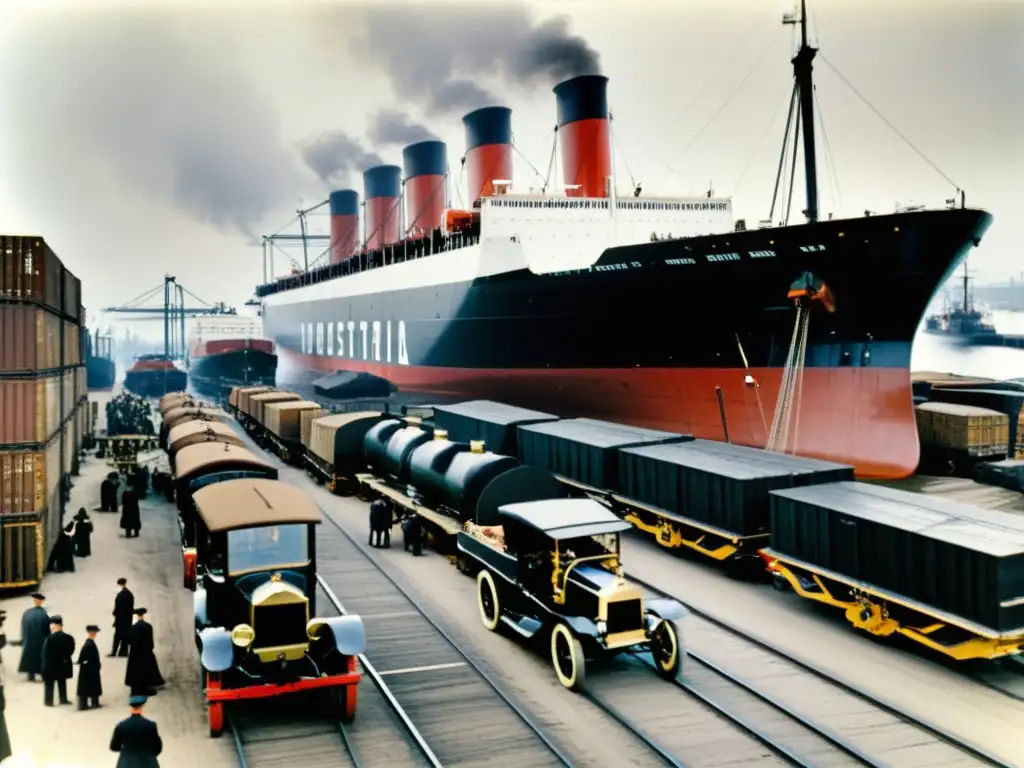 Imagen en blanco y negro de un bullicioso puerto industrial del siglo XIX con barcos de vapor, grúas, trabajadores y transportes terrestres