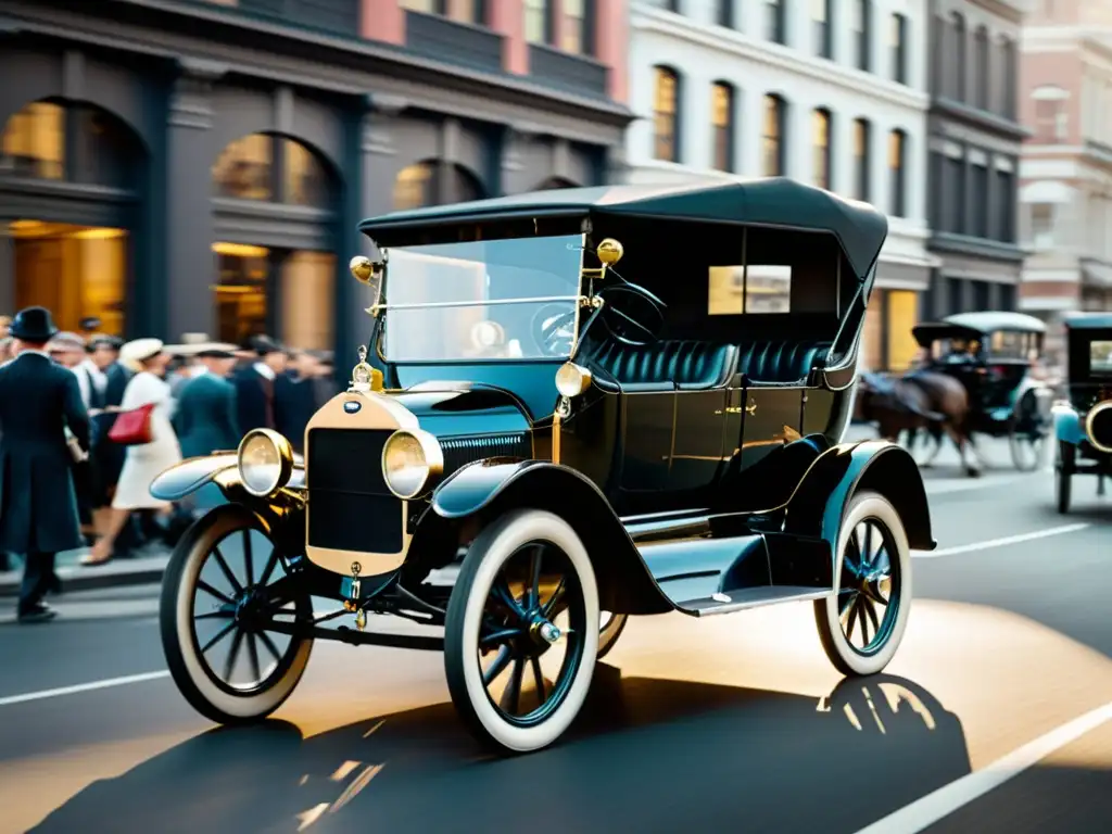 Imagen en blanco y negro del Ford Modelo T en una concurrida calle de la ciudad, resaltando su impacto en la movilidad global