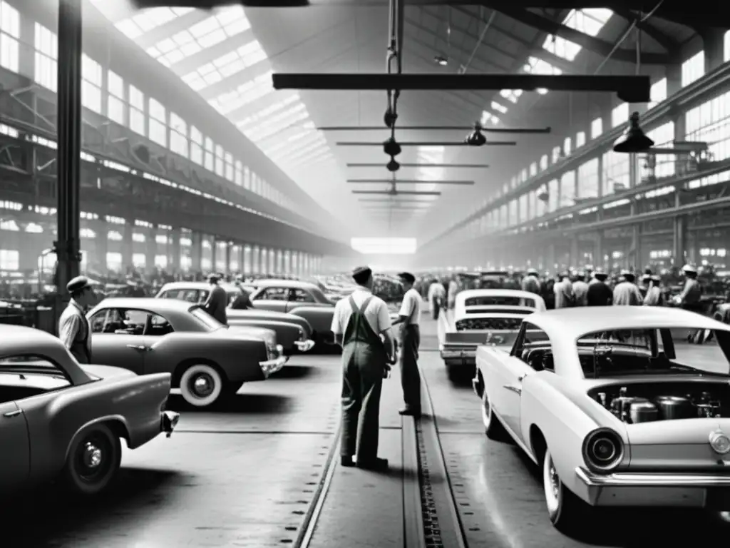 Imagen en blanco y negro de fábrica de coches clásicos con trabajadores, maquinaria imponente y energía palpable