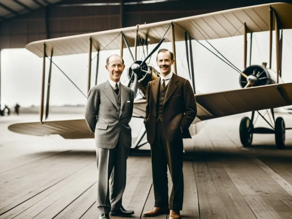 Imagen en blanco y negro de los hermanos Wright junto a su primer avión exitoso, reflejando triunfo y determinación