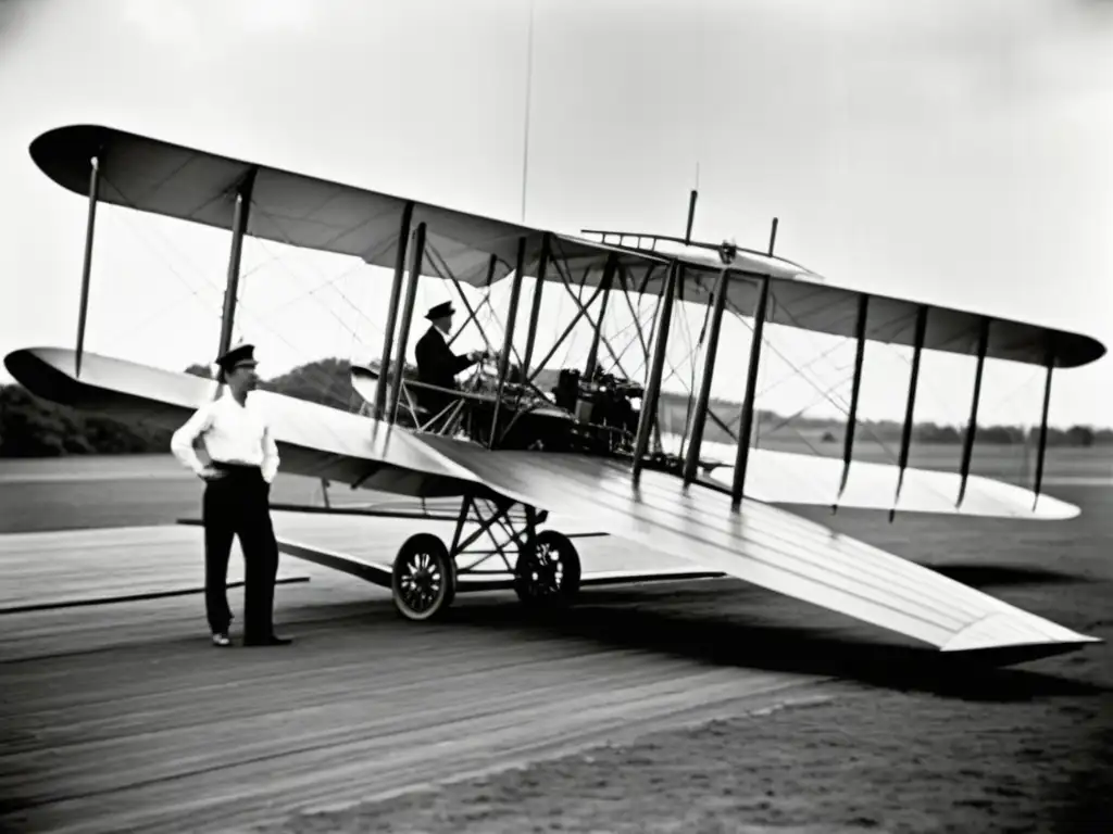 Imagen en blanco y negro del Wright Flyer en una pista de lanzamiento, evocando la evolución del equipamiento básico en la aviación pionera