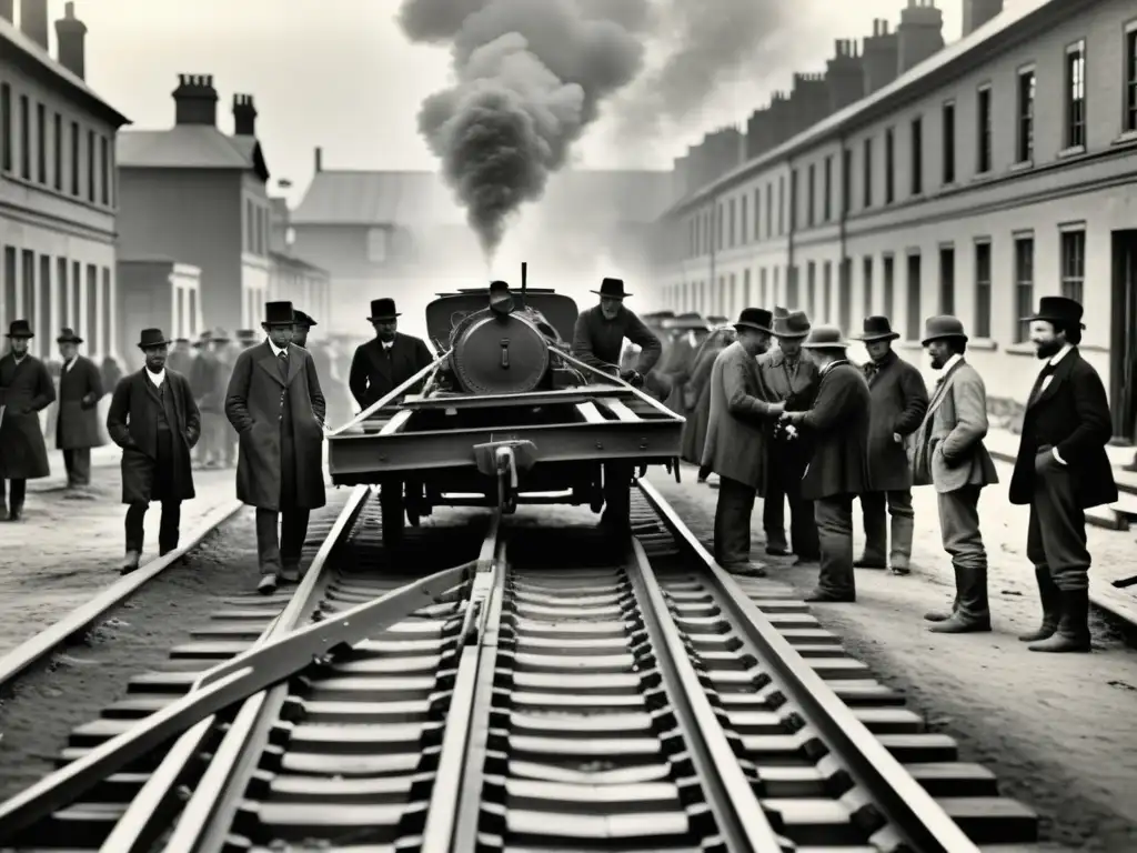 Imagen en blanco y negro de trabajadores tendiendo vías para un ferrocarril de tracción animal, reflejando la revolución ferroviaria en sus inicios