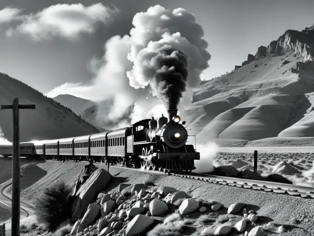 Imagen en blanco y negro de un tren de vapor recorriendo un paisaje vasto y áspero, con montañas imponentes y un cielo despejado