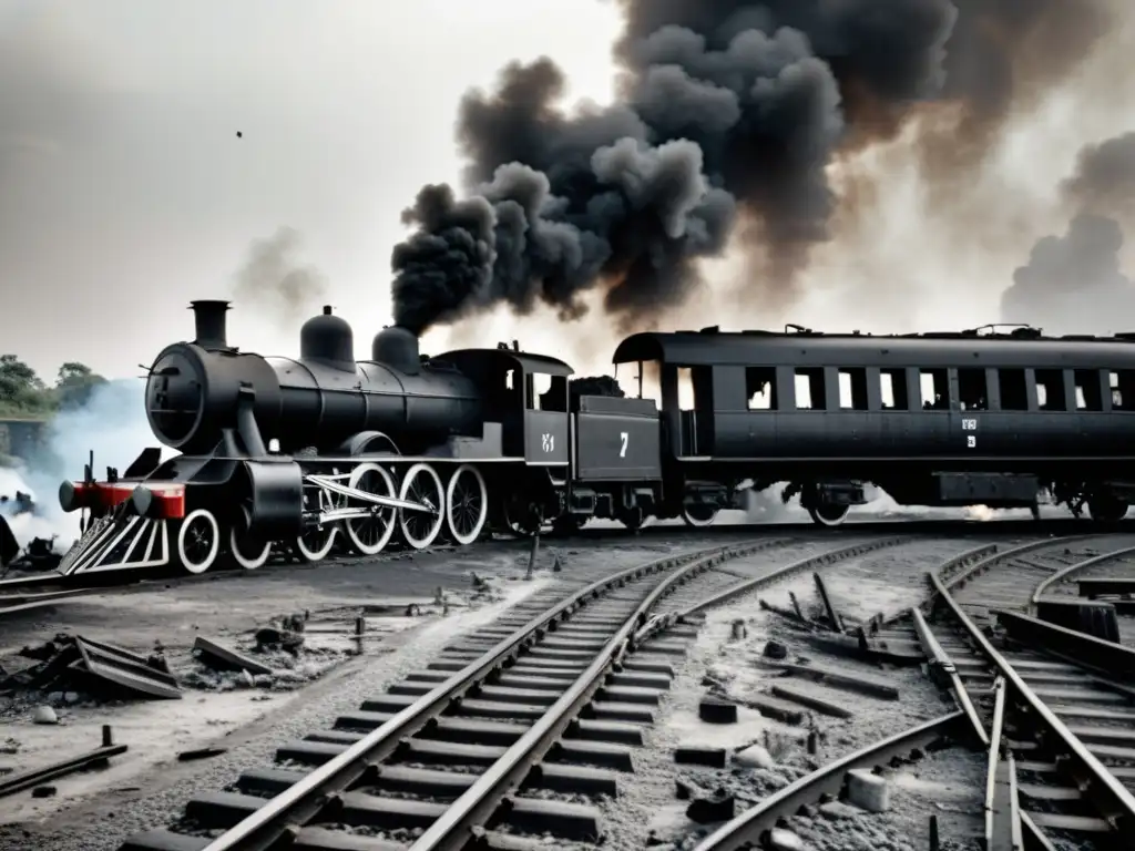 Imagen en blanco y negro de un tren destruido y descarrilado en medio de una batalla ferroviaria en la historia, con humo y caos