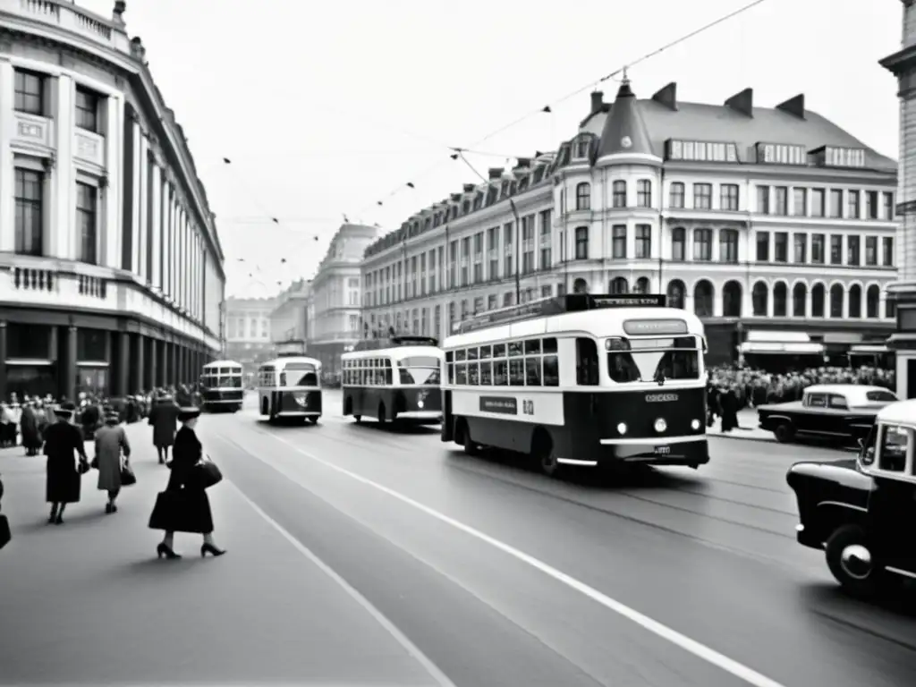 Imagen en blanco y negro de trolebuses vintage en una bulliciosa calle de la ciudad