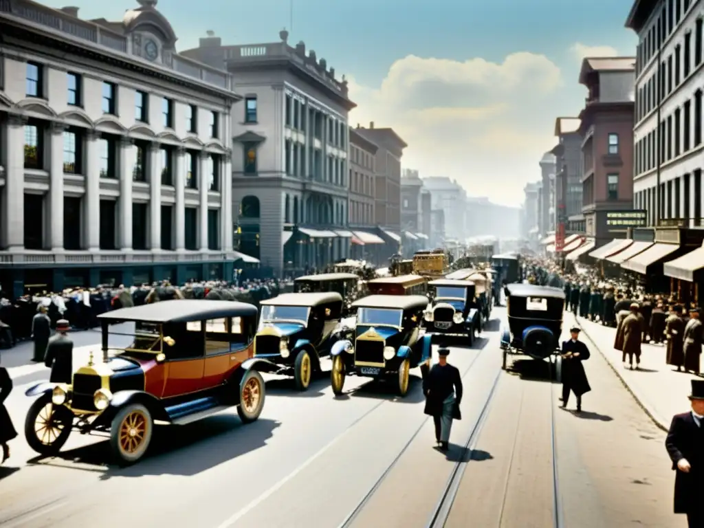 Imagen sepia de bulliciosa calle de la ciudad del siglo XX con transporte público histórico, reflejando la evolución urbana