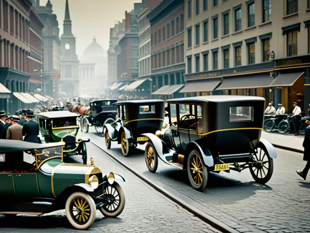 Imagen sepia de bulliciosa calle de ciudad del siglo XX con coches antiguos, bicicletas y carruajes