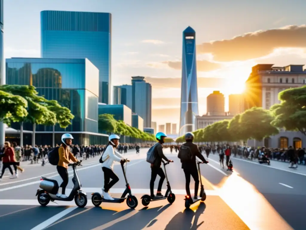 La imagen muestra una bulliciosa calle de la ciudad con gente usando scooters eléctricos al atardecer