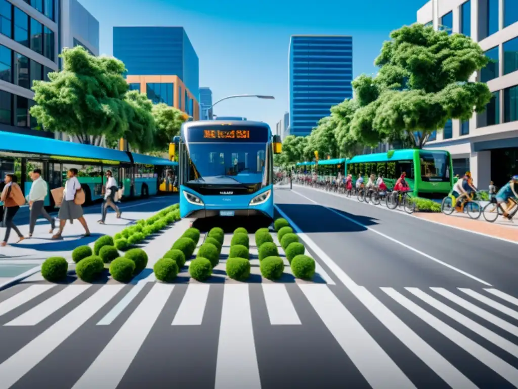 Imagen de una bulliciosa calle de la ciudad con autobuses eléctricos y bicicletas, diseñada para el transporte sostenible