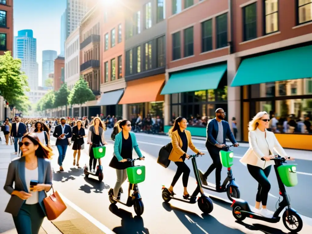 La imagen muestra una bulliciosa calle urbana con personas de diversa índole usando modos compartidos de transporte