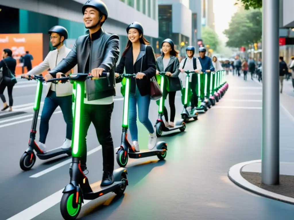 Escena futurista: Revolución de los escooters eléctricos en la ciudad La imagen muestra una bulliciosa calle urbana llena de scooters eléctricos, personas de todas las edades y orígenes utilizándolos para desplazarse