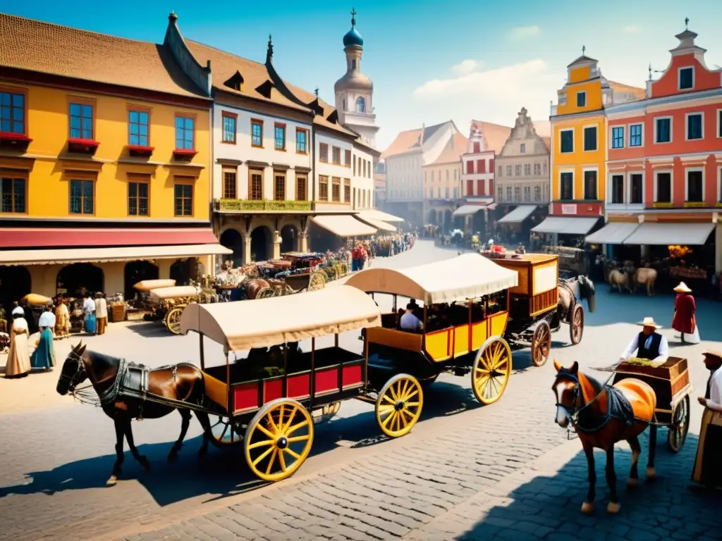 Imagen del bullicioso mercado antiguo, donde vendedores ofrecen productos desde carruajes