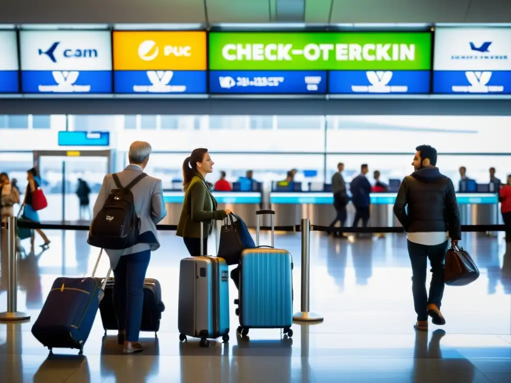 Imagen de bullicioso mostrador de check-in de aerolínea de bajo coste en aeropuerto, con pasajeros haciendo fila