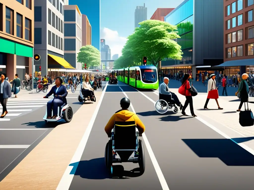 Imagen de calle urbana con movilidad inclusiva y diversidad de medios de transporte, destacando políticas de transporte público inclusivo