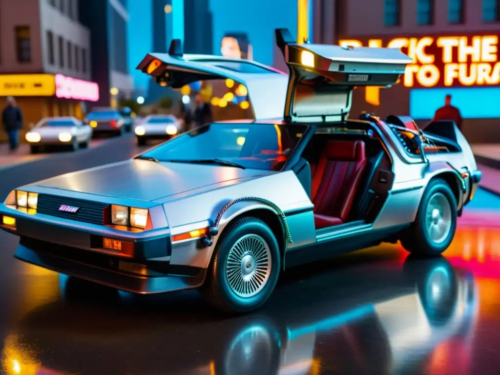 Imagen 8k del icónico DeLorean DMC12 de 'Back to the Future' en una ciudad futurista, destacando su status de 'Vehículo icónico en la historia'