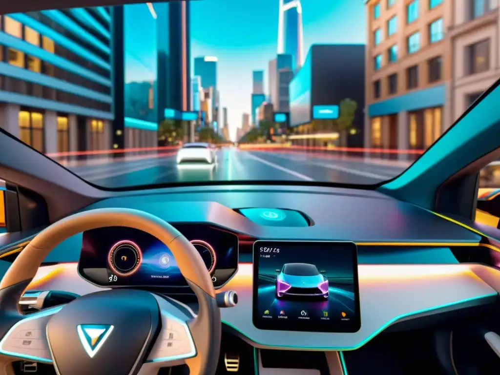 Imagen 8k de un coche eléctrico futurista con realidad aumentada integrada en la ciudad