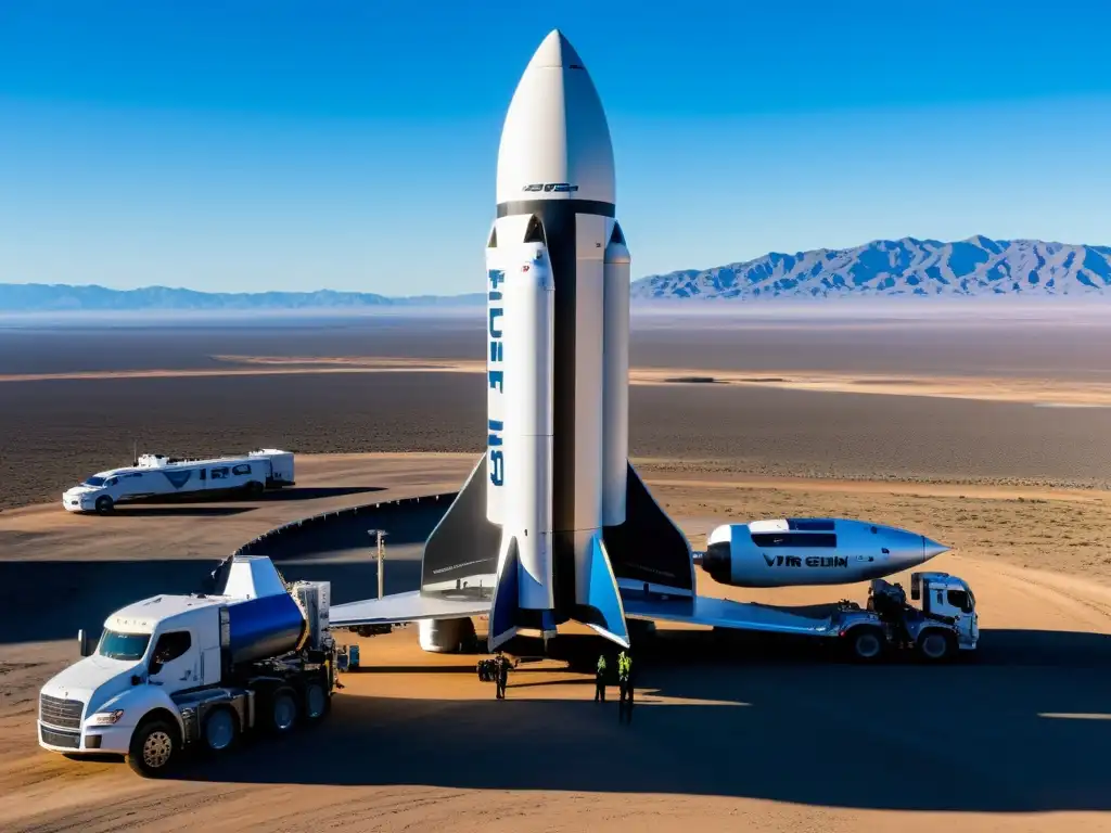 Imagen de cohetes Blue Origin y Virgin Galactic en plataforma de lanzamiento, rodeados de ingenieros y técnicos