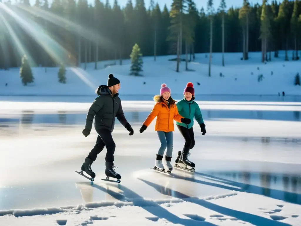 Patinaje comunitario en lago congelado: vibrante y sereno invierno Imagen de comunidad disfrutando del patinaje sobre hielo en un lago helado rodeado de pinos nevados