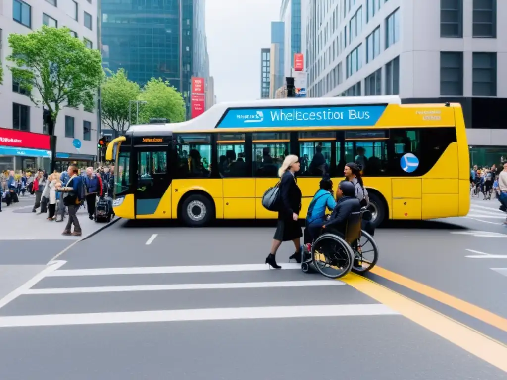 Imagen de una concurrida intersección urbana con un autobús accesible para sillas de ruedas y personas con discapacidad abordando