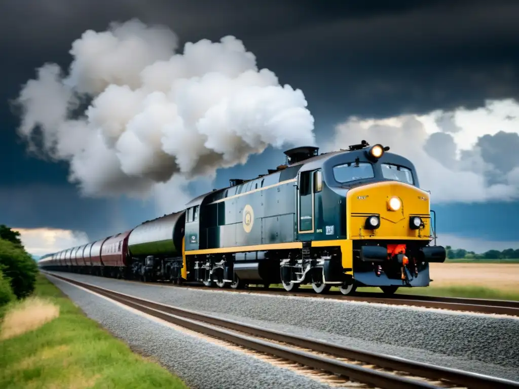 Imagen de contraste entre una locomotora de vapor antigua y una moderna de diésel en vías férreas, con un dramático cielo nublado al fondo