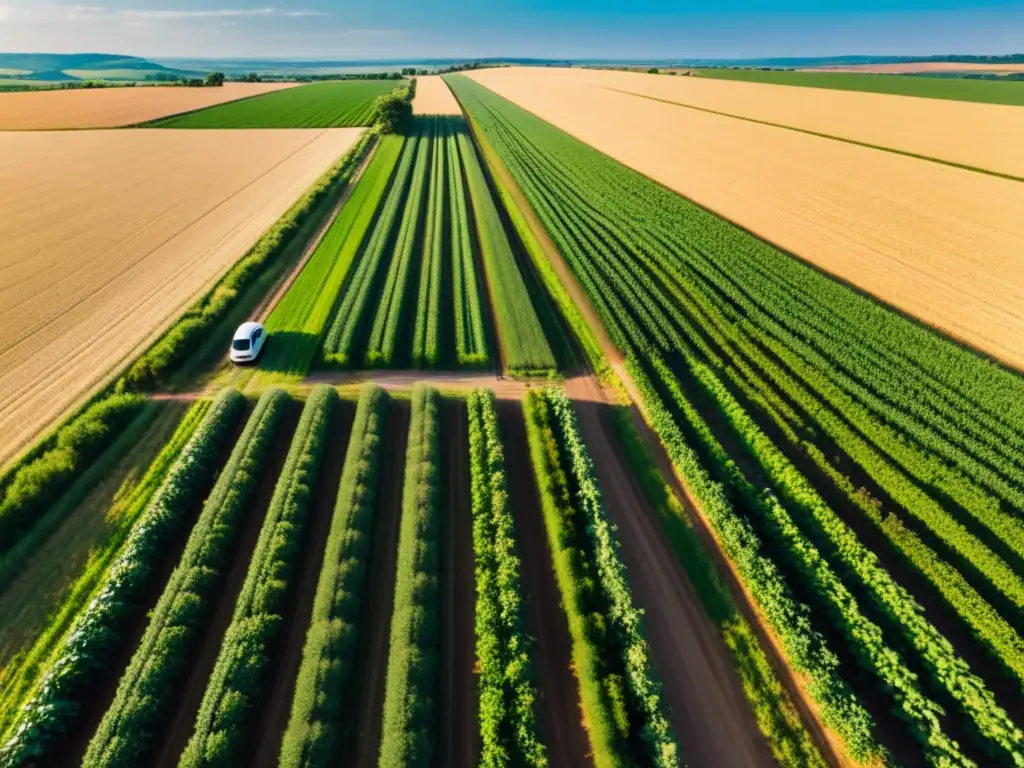 Imagen de desarrollo rural con vehículos eléctricos, campo verde, sol cálido y granja al fondo