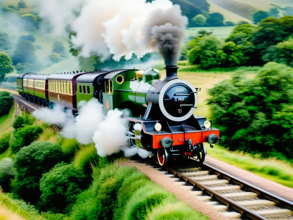 Imagen detallada de un antiguo tren a vapor en la campiña británica, evocando la nostalgia de las rutas ferroviarias del Imperio Británico