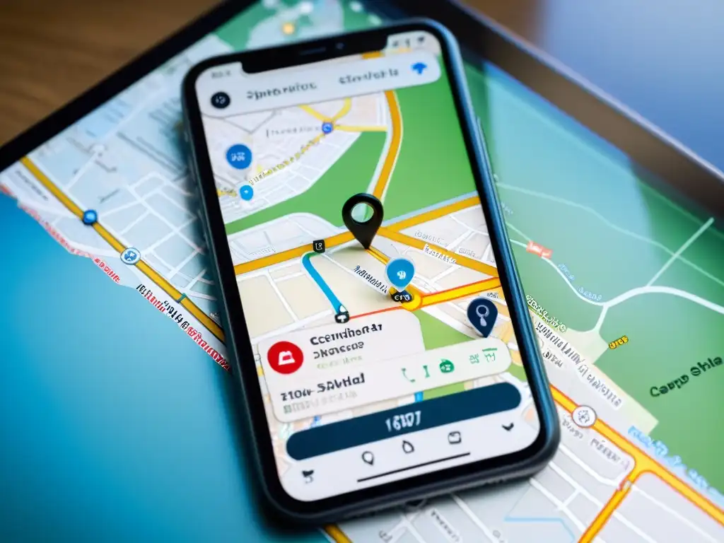 Imagen detallada de una app de navegación mostrando coordenadas GPS, iconos de seguridad y puntos de interés