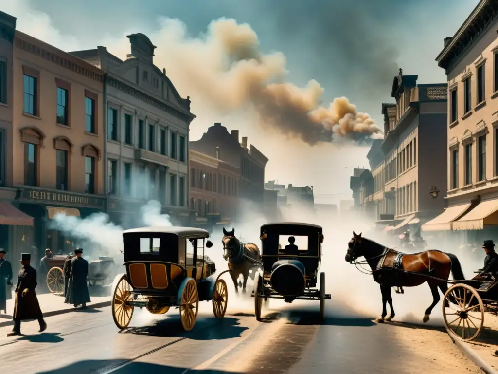 Imagen detallada de una bulliciosa calle de la ciudad del siglo XIX con tracción animal y vehículos motorizados, mostrando el impacto del reemplazo de la tracción animal en el ambiente