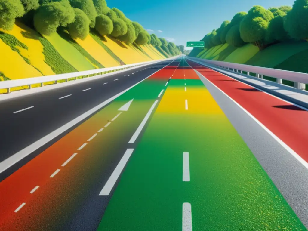 Imagen detallada de una carretera con pintura inteligente que cambia de color para indicar condiciones de tráfico